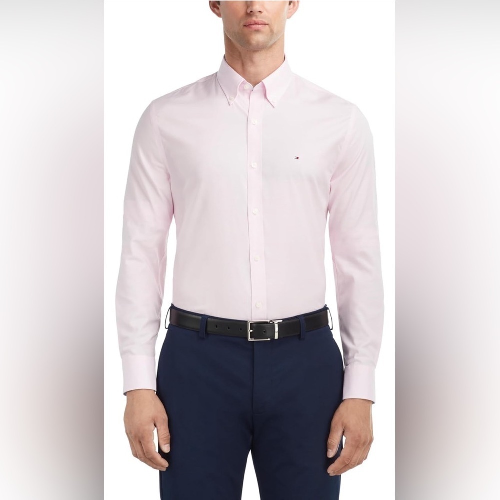 Tommy Hilfiger Men's Dress Shirt Slim Fit Stretch Oxford classic Pink multi size